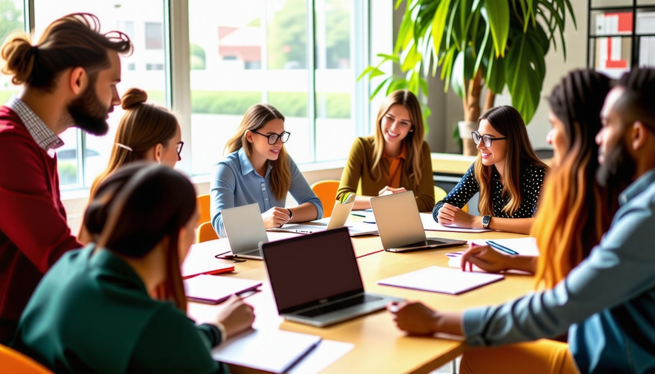 Un groupe de personnes diversifiées discutant de stratégies de marketing autour d'une table, avec des ordinateurs portables et des notes, dans un bureau moderne baigné de lumière naturelle.