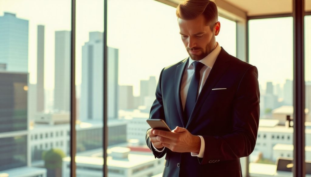 un-homme-daffaires-en-costume-envoye-un-sms-depuis-son-smartphone-debout-dans-un-bureau-moderne-avec-une-vue-sur-la-ville-en-arriere-plan-lair-concentre-et-professionnel