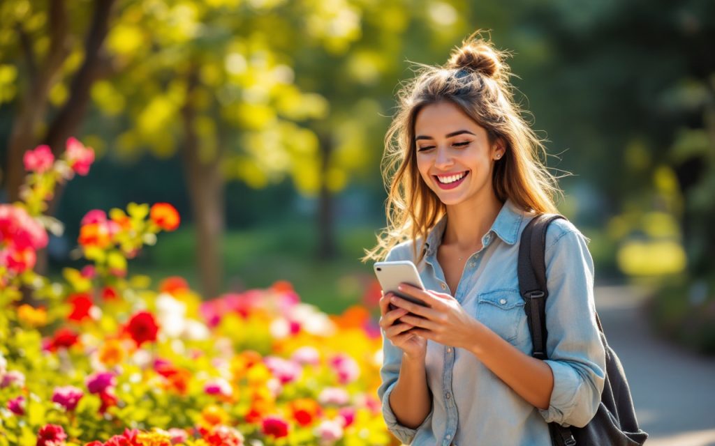 une-personne-heureuse-envoyant-un-sms-dans-un-parc-ensoleille-souriant-joyeusement-entouree-darbres-verdoyants-et-de-fleurs-colorees
