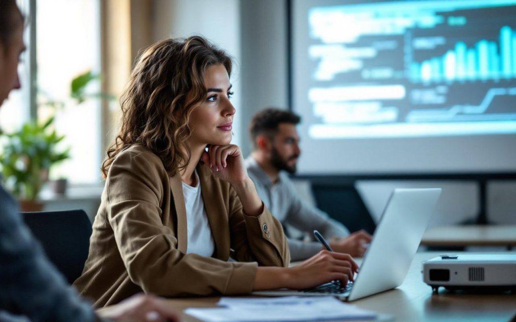 Un employé assiste à une session de formation en cybersécurité, concentré devant son ordinateur portable dans un bureau moderne, avec un projecteur et des notes sur la table.