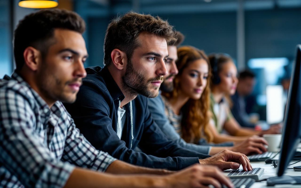 Une équipe participant à un exercice de simulation de phishing, montrant des individus concentrés dans un environnement de bureau, collaborant sur des ordinateurs, illustrant l'importance du travail d'équipe et de la sensibilisation à la cybersécurité.