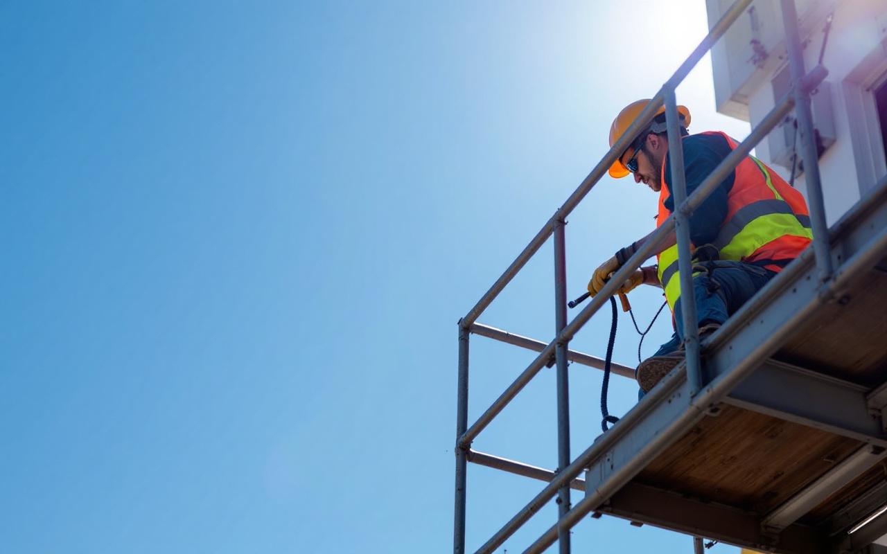 Un travailleur de la construction sur un échafaudage élevé, portant un casque de sécurité et des équipements appropriés, en train de travailler avec des outils sous une lumière vive en plein jour, avec un ciel bleu en arrière-plan.