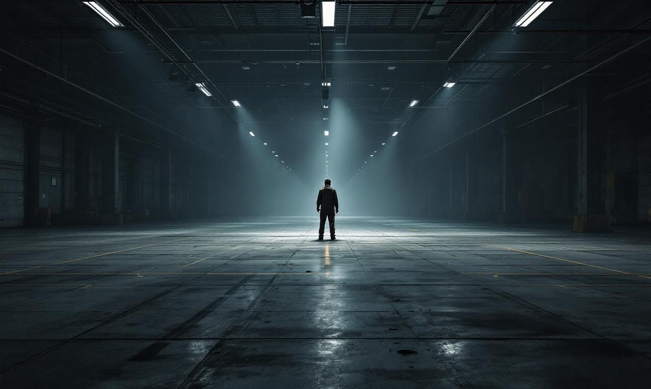 un-travailleur-isole-dans-un-entrepot-vide-entoure-de-vastes-espaces-inoccupes-mettant-en-evidence-la-solitude-et-le-silence-de-lenvironnement