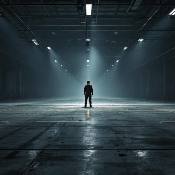 un-travailleur-isole-dans-un-entrepot-vide-entoure-de-vastes-espaces-inoccupes-mettant-en-evidence-la-solitude-et-le-silence-de-lenvironnement