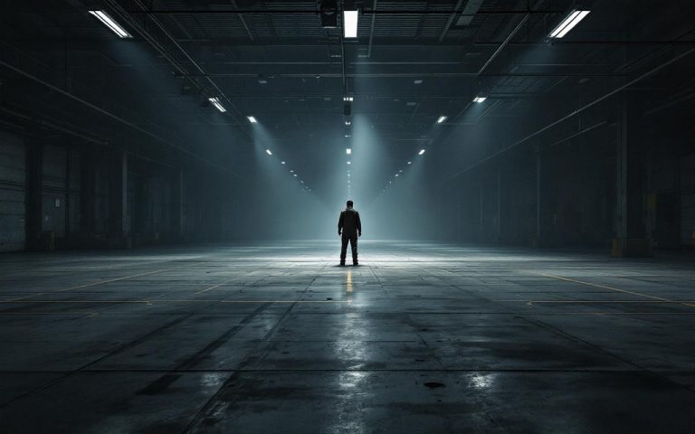 un-travailleur-isole-dans-un-entrepot-vide-entoure-de-vastes-espaces-inoccupes-mettant-en-evidence-la-solitude-et-le-silence-de-lenvironnement