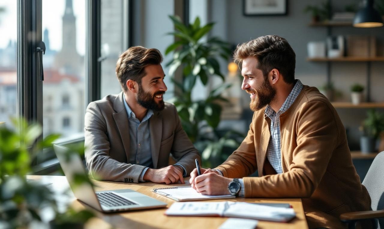 Un consultant SEO discute avec le propriétaire d'une PME dans un bureau moderne à Lyon. Ils sont assis autour d'un bureau en bois avec un ordinateur portable et un carnet, la lumière du matin filtre par la fenêtre, ambiance professionnelle et collaborative.
