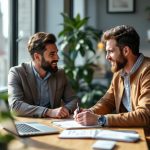 Un consultant SEO discute avec le propriétaire d'une PME dans un bureau moderne à Lyon. Ils sont assis autour d'un bureau en bois avec un ordinateur portable et un carnet, la lumière du matin filtre par la fenêtre, ambiance professionnelle et collaborative.