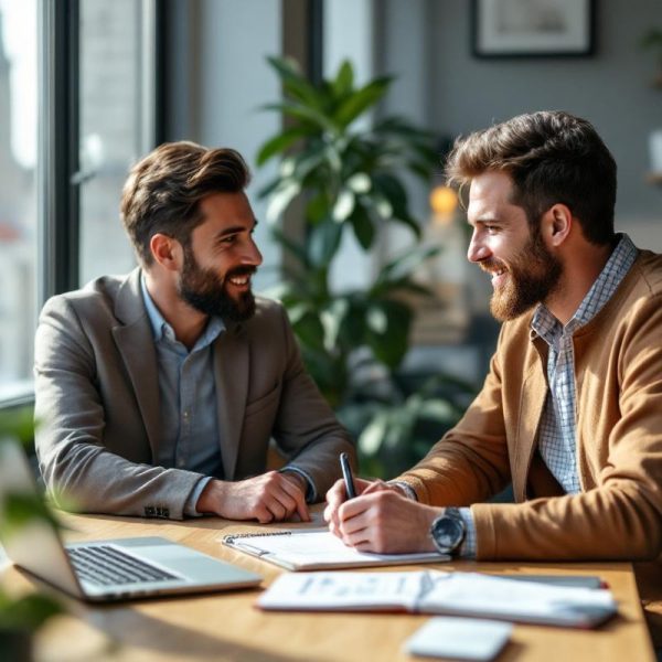 Un consultant SEO discute avec le propriétaire d'une PME dans un bureau moderne à Lyon. Ils sont assis autour d'un bureau en bois avec un ordinateur portable et un carnet, la lumière du matin filtre par la fenêtre, ambiance professionnelle et collaborative.