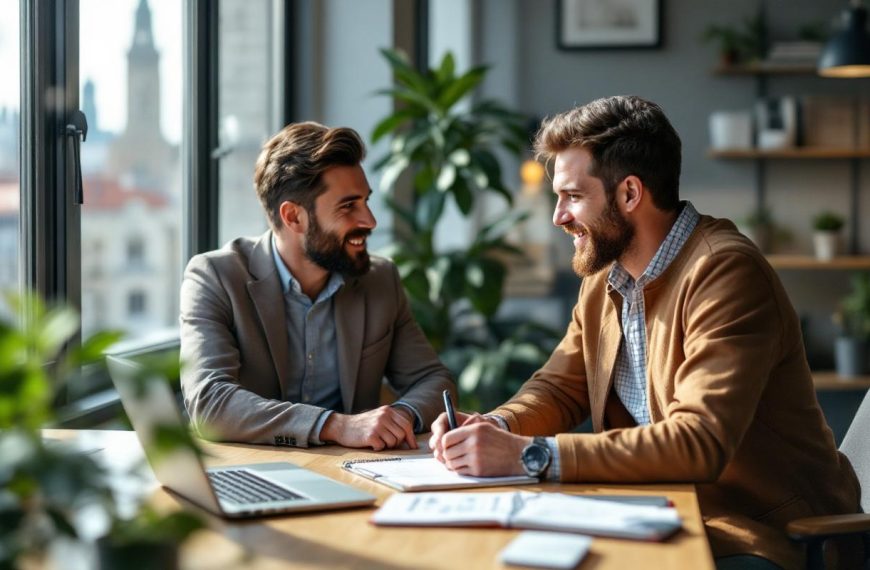 Un consultant SEO discute avec le propriétaire d'une PME dans un bureau moderne à Lyon. Ils sont assis autour d'un bureau en bois avec un ordinateur portable et un carnet, la lumière du matin filtre par la fenêtre, ambiance professionnelle et collaborative.