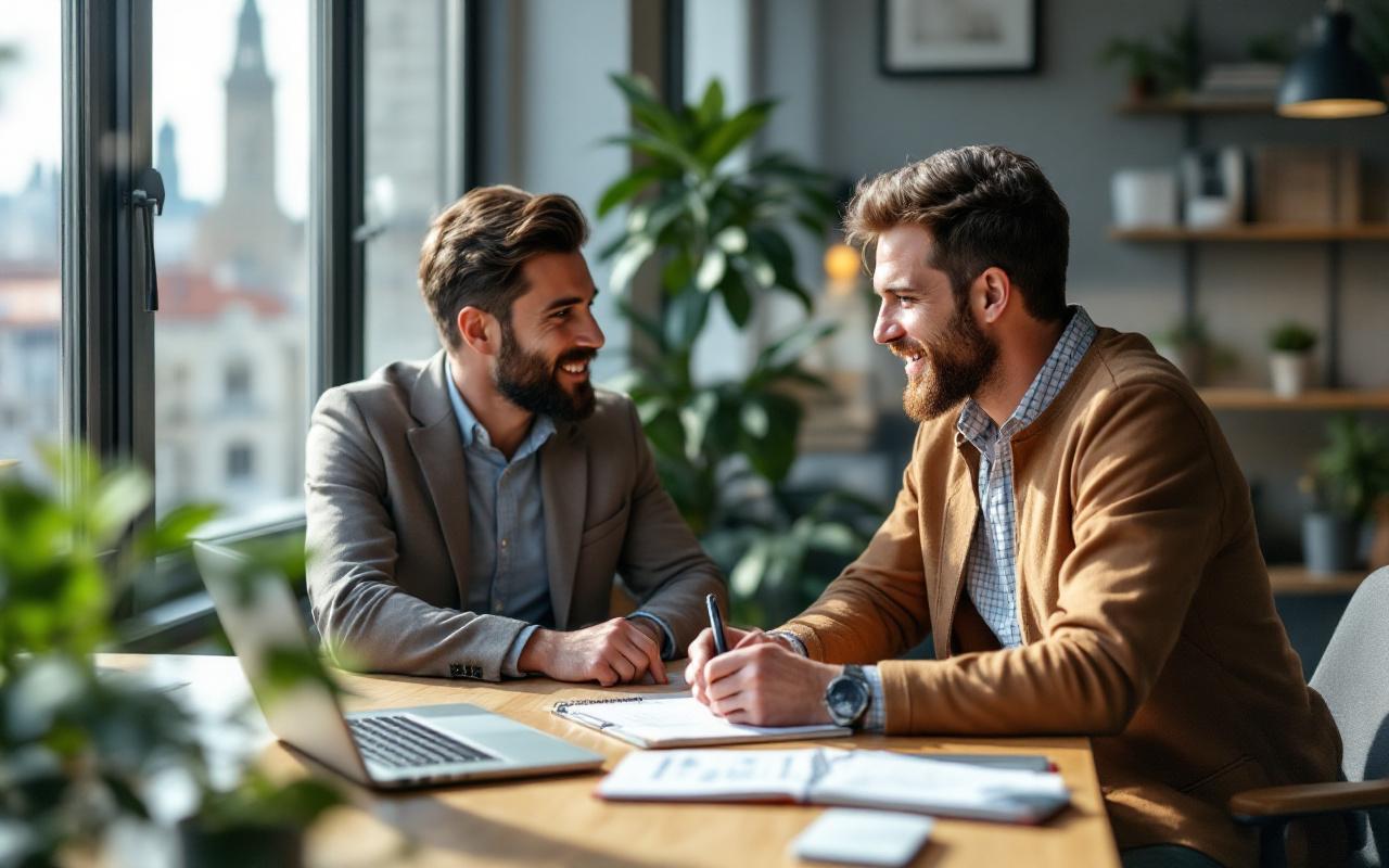 Un consultant SEO discute avec le propriétaire d'une PME dans un bureau moderne à Lyon. Ils sont assis autour d'un bureau en bois avec un ordinateur portable et un carnet, la lumière du matin filtre par la fenêtre, ambiance professionnelle et collaborative.