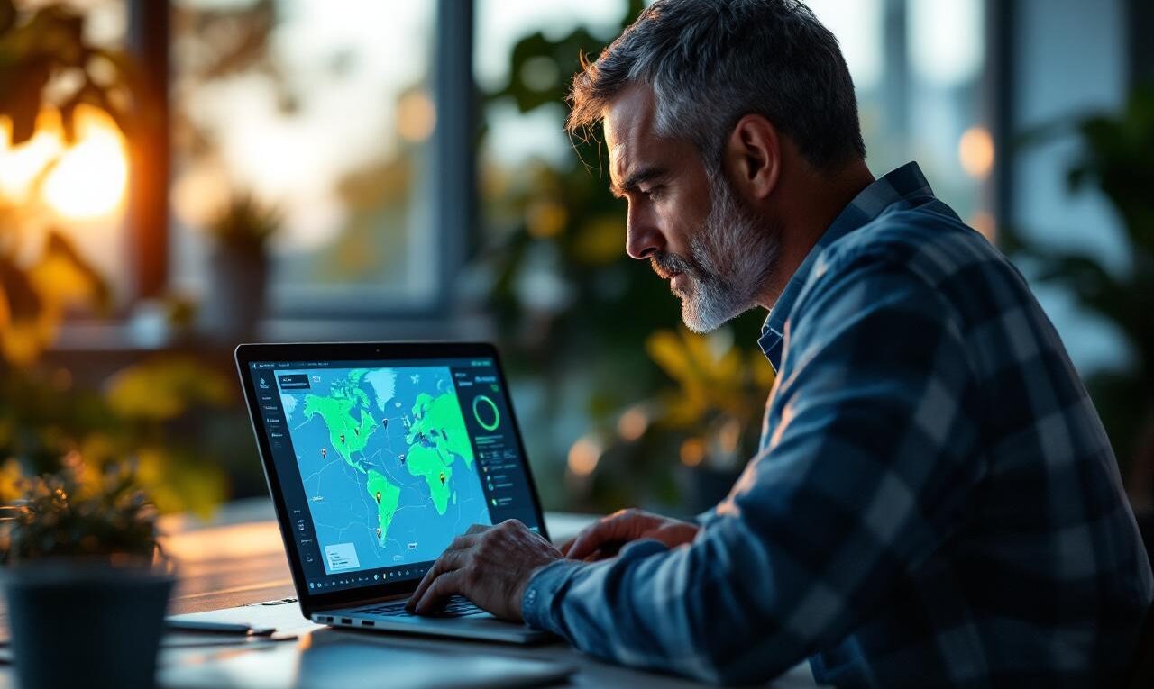 Un gestionnaire de flotte dans un bureau de contrôle, consultant un tableau de bord GPS en temps réel sur un ordinateur portable montrant une carte détaillée avec repères de véhicules et graphiques de télémétrie, éclairage volumétrique doux et ambiance professionnelle.