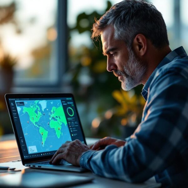 Un gestionnaire de flotte dans un bureau de contrôle, consultant un tableau de bord GPS en temps réel sur un ordinateur portable montrant une carte détaillée avec repères de véhicules et graphiques de télémétrie, éclairage volumétrique doux et ambiance professionnelle.