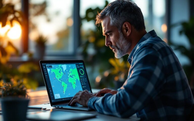 Un gestionnaire de flotte dans un bureau de contrôle, consultant un tableau de bord GPS en temps réel sur un ordinateur portable montrant une carte détaillée avec repères de véhicules et graphiques de télémétrie, éclairage volumétrique doux et ambiance professionnelle.