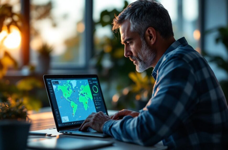 Un gestionnaire de flotte dans un bureau de contrôle, consultant un tableau de bord GPS en temps réel sur un ordinateur portable montrant une carte détaillée avec repères de véhicules et graphiques de télémétrie, éclairage volumétrique doux et ambiance professionnelle.