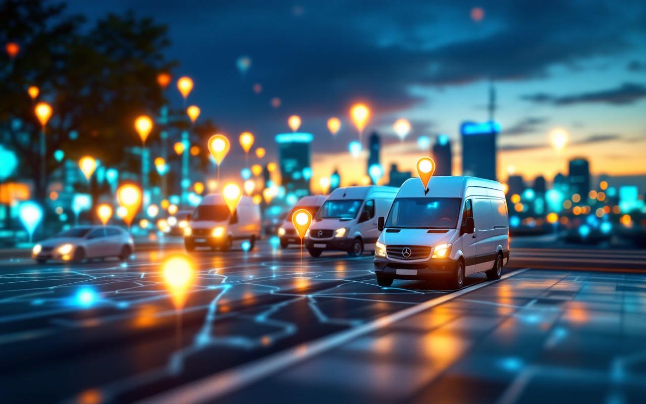 Photo réaliste montrant des camionnettes connectées circulant sur une carte de la ville avec des épingles de suivi télématique lumineuses, perspective au niveau de la rue, éclairage doux de coucher de soleil, couleurs dominantes bleu et orange.