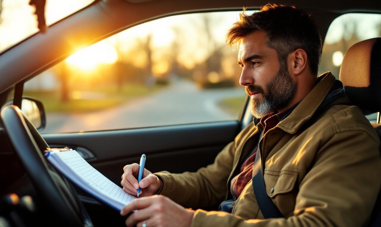 Conducteur indépendant vérifiant son journal de kilométrage à l'intérieur de sa voiture, carnet et stylo en main, garé dans une rue résidentielle au coucher de soleil, lumière chaude traversant le pare-brise.