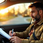 Conducteur indépendant vérifiant son journal de kilométrage à l'intérieur de sa voiture, carnet et stylo en main, garé dans une rue résidentielle au coucher de soleil, lumière chaude traversant le pare-brise.