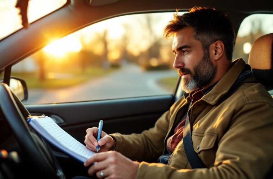 Conducteur indépendant vérifiant son journal de kilométrage à l'intérieur de sa voiture, carnet et stylo en main, garé dans une rue résidentielle au coucher de soleil, lumière chaude traversant le pare-brise.