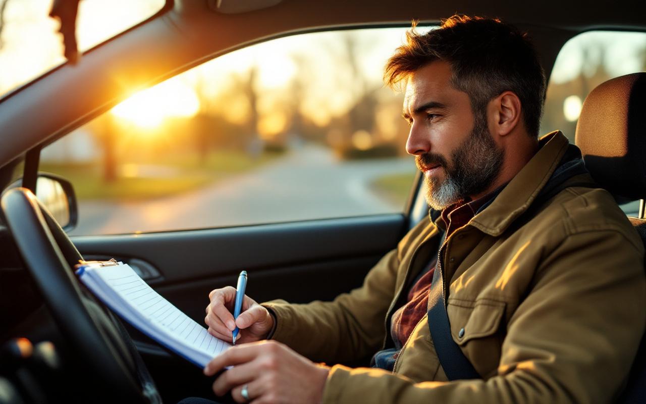 Conducteur indépendant vérifiant son journal de kilométrage à l'intérieur de sa voiture, carnet et stylo en main, garé dans une rue résidentielle au coucher de soleil, lumière chaude traversant le pare-brise.