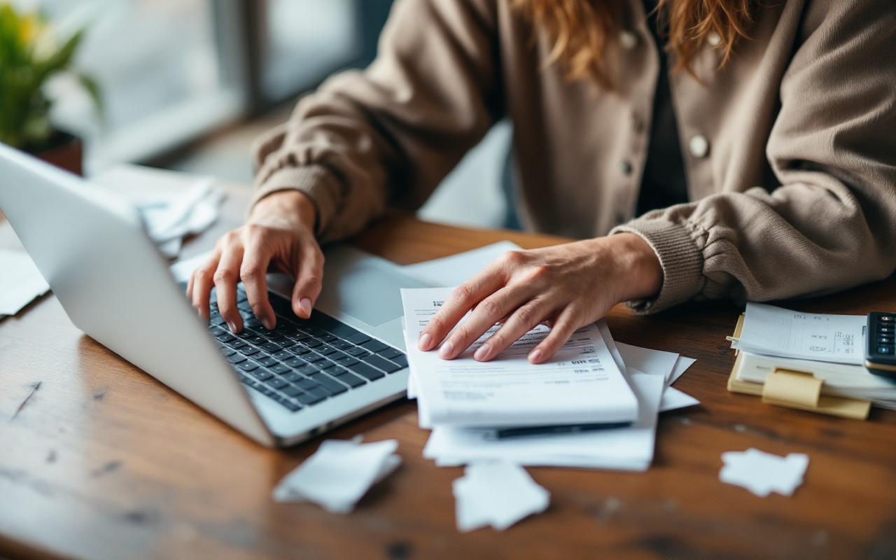 Freelance assis à une table en bois dans un café, calculant des frais de voyage sur son ordinateur portable avec des reçus et une calculatrice éparpillés, lumière matinale douce, ambiance chaleureuse et réaliste.