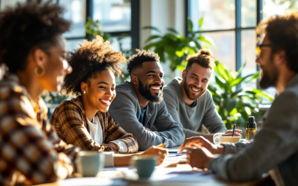 Groupe divers dans un bureau moderne riant pendant un atelier collaboratif. Lumière naturelle chaude et volumétrique, personnes de différents âges et origines, ambiance conviviale et détendue autour d'une table de travail.