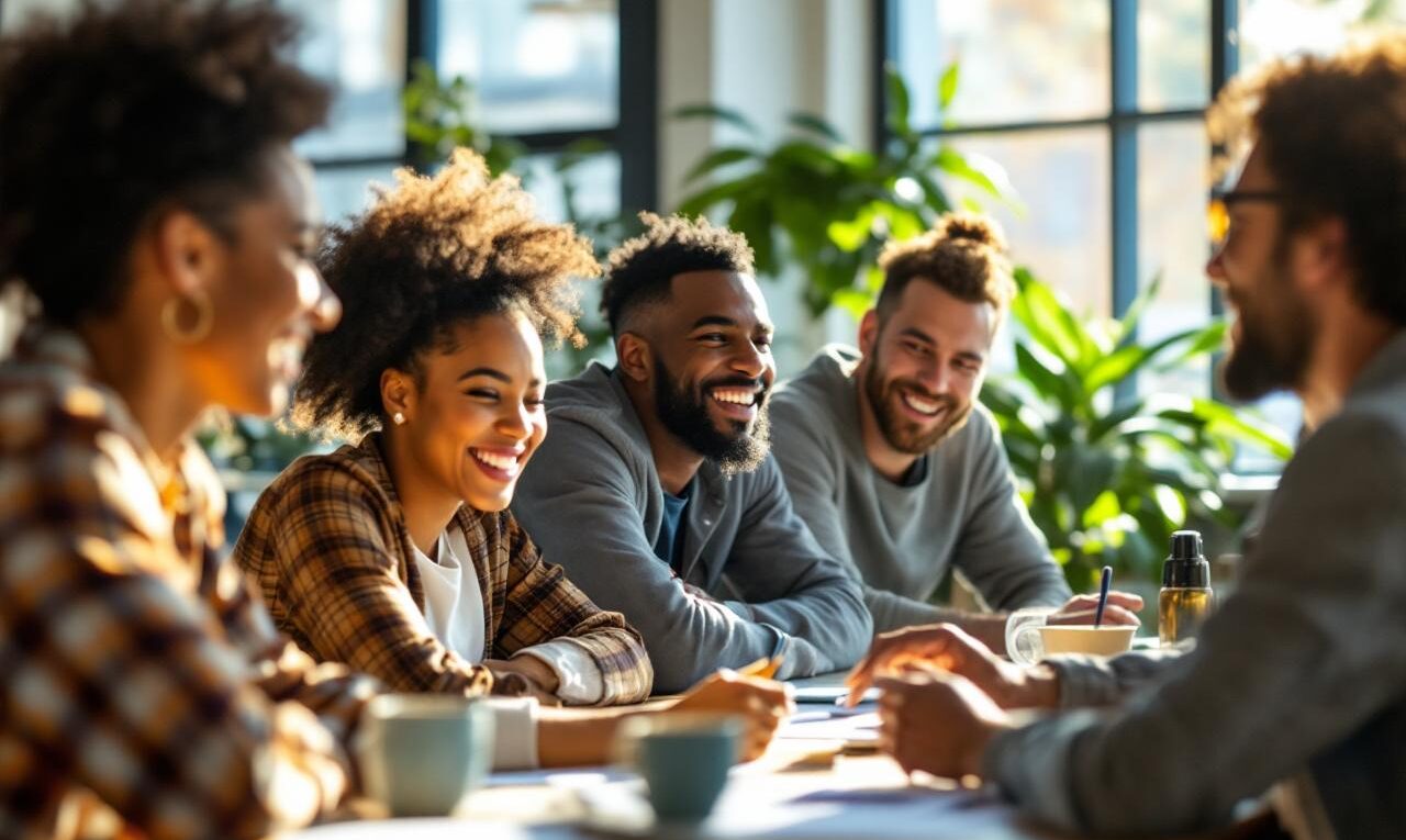 Groupe divers dans un bureau moderne riant pendant un atelier collaboratif. Lumière naturelle chaude et volumétrique, personnes de différents âges et origines, ambiance conviviale et détendue autour d'une table de travail.