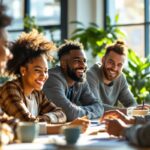 Groupe divers dans un bureau moderne riant pendant un atelier collaboratif. Lumière naturelle chaude et volumétrique, personnes de différents âges et origines, ambiance conviviale et détendue autour d'une table de travail.