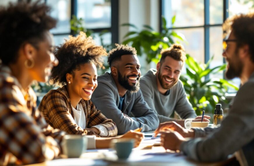 Groupe divers dans un bureau moderne riant pendant un atelier collaboratif. Lumière naturelle chaude et volumétrique, personnes de différents âges et origines, ambiance conviviale et détendue autour d'une table de travail.