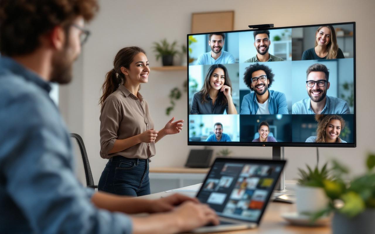 Manager menant une réunion debout informelle dans un bureau moderne, collègues en présentiel et participants distants affichés sur un grand écran, ambiance chaleureuse et lumineuse, lumière volumétrique douce.