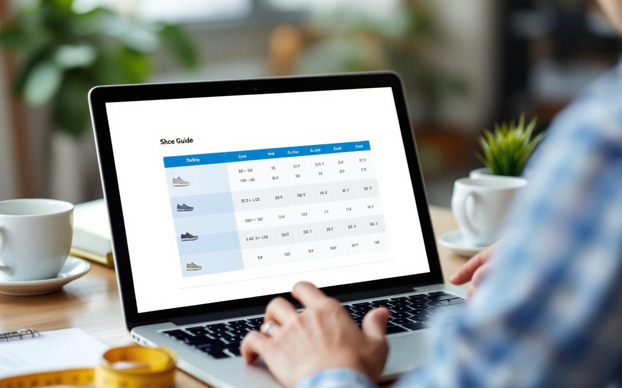 Ordinateur portable affichant le guide des tailles d'une boutique de chaussures en ligne, posé sur un bureau en bois avec une tasse de café et un mètre ruban, une personne montrant l'écran, lumière matinale douce, ambiance naturelle et réaliste.