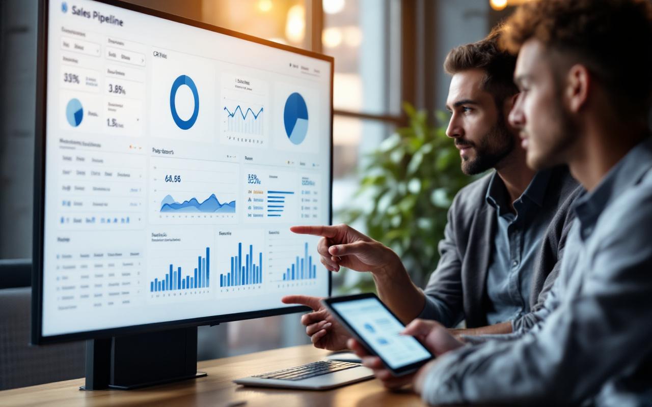 Bureau moderne B2B : une équipe analyse une pipeline de vente, des indicateurs CRM et des tableaux de performance sur des écrans, dans une ambiance lumineuse et professionnelle.