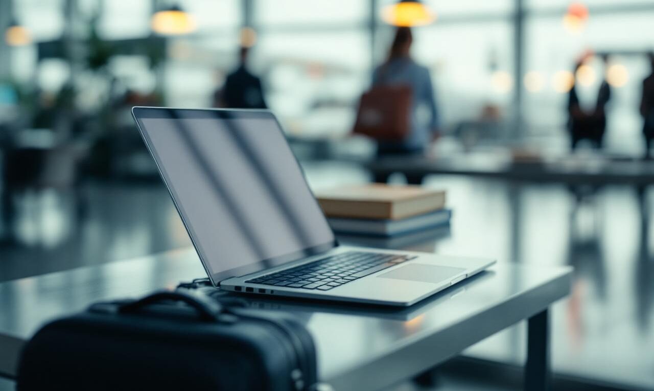 Ambiance professionnelle dans un aéroport international : un ordinateur portable et une valise cabine sur une table, avec des documents et des cartes de vol floutés en arrière-plan.