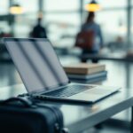 7 erreurs à éviter avec l’assurance voyage d'affaires des commerciaux export Ambiance professionnelle dans un aéroport international : un ordinateur portable et une valise cabine sur une table, avec des documents et des cartes de vol floutés en arrière-plan.