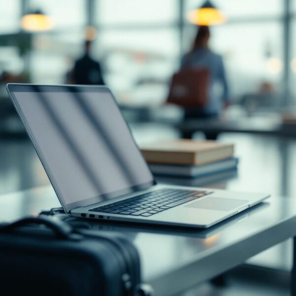 Ambiance professionnelle dans un aéroport international : un ordinateur portable et une valise cabine sur une table, avec des documents et des cartes de vol floutés en arrière-plan.