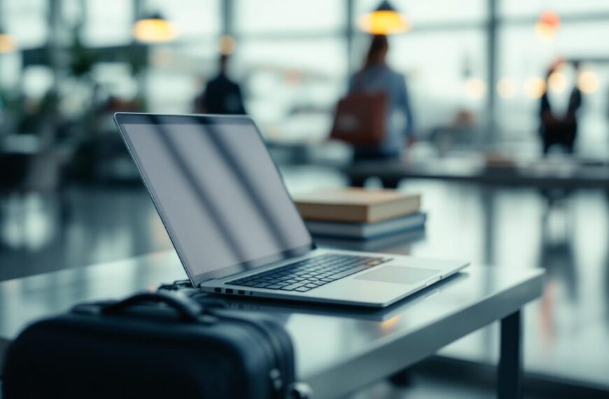 Ambiance professionnelle dans un aéroport international : un ordinateur portable et une valise cabine sur une table, avec des documents et des cartes de vol floutés en arrière-plan.