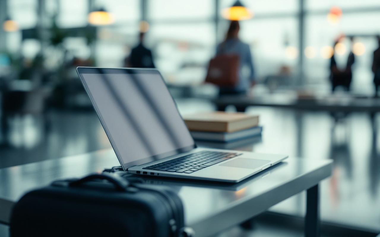 Ambiance professionnelle dans un aéroport international : un ordinateur portable et une valise cabine sur une table, avec des documents et des cartes de vol floutés en arrière-plan.