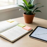 Bureau moderne avec un cahier ouvert, des post-it vierges organisés en huit cases, une plante en croissance et un graphique ascendant sur une tablette, lumière naturelle du matin.
