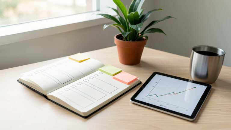 Bureau moderne avec un cahier ouvert, des post-it vierges organisés en huit cases, une plante en croissance et un graphique ascendant sur une tablette, lumière naturelle du matin.