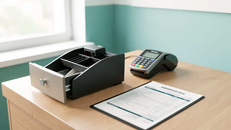 Espace de travail comptable moderne d’une PME de services, avec une caisse ouverte, un terminal de paiement et une fiche de paie sur un bureau, ambiance lumineuse et organisée.