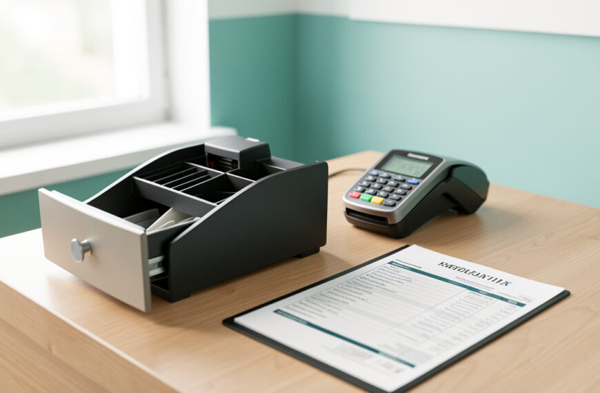 Espace de travail comptable moderne d’une PME de services, avec une caisse ouverte, un terminal de paiement et une fiche de paie sur un bureau, ambiance lumineuse et organisée.