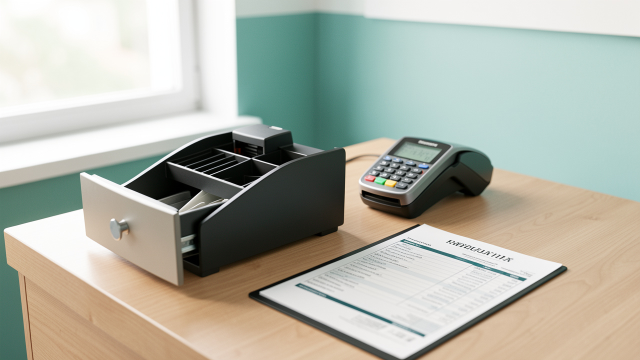 Espace de travail comptable moderne d’une PME de services, avec une caisse ouverte, un terminal de paiement et une fiche de paie sur un bureau, ambiance lumineuse et organisée.