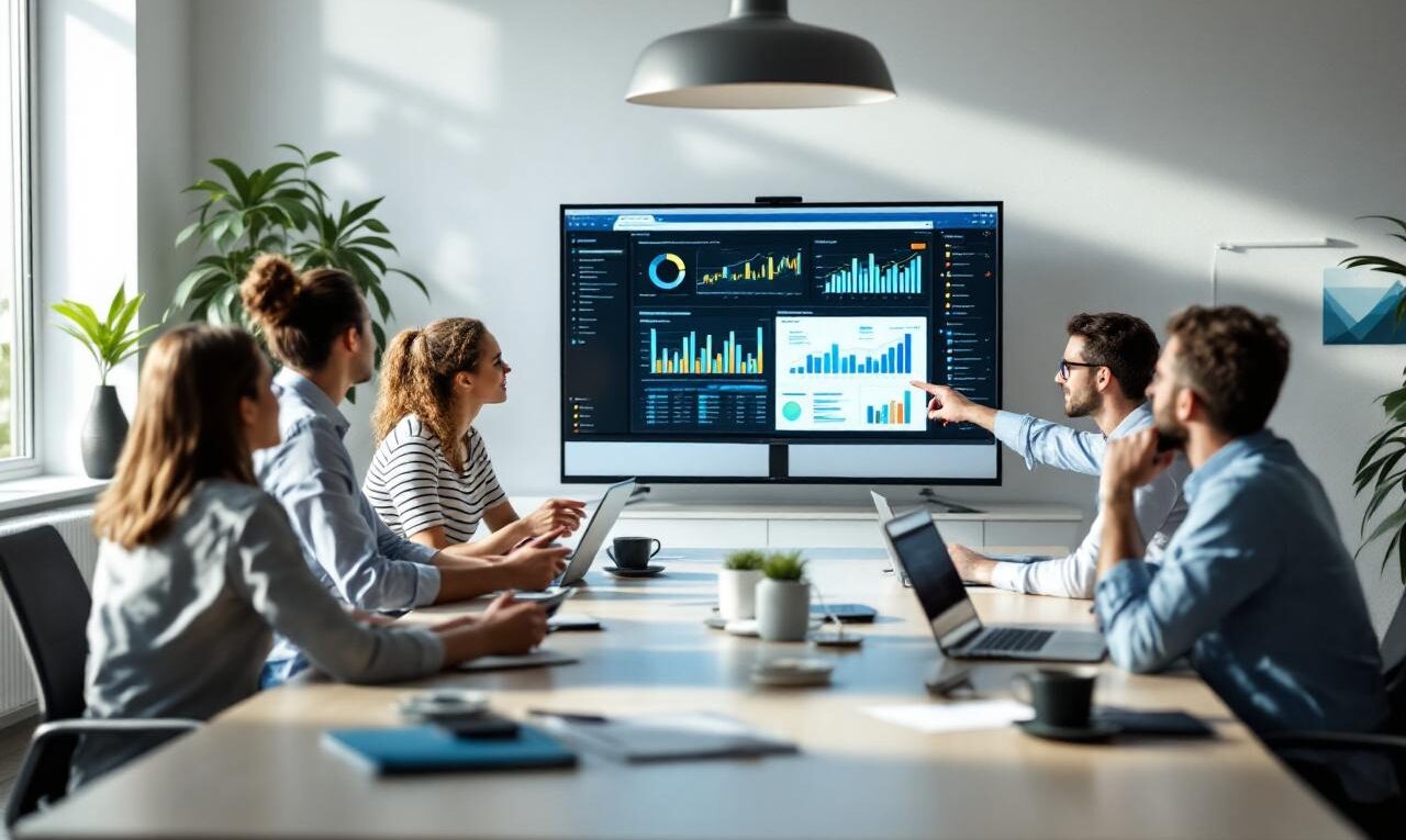 Réunion de direction commerciale dans une PME, équipe réunie autour d’une table et consultant des tableaux de bord et graphiques de ventes sur des écrans pour discuter d’analyse stratégique.