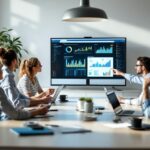 Réunion de direction commerciale dans une PME, équipe réunie autour d’une table et consultant des tableaux de bord et graphiques de ventes sur des écrans pour discuter d’analyse stratégique.