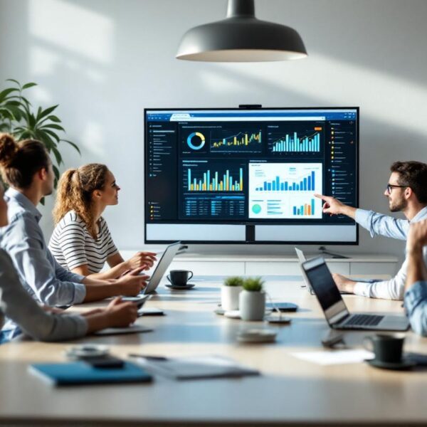 Réunion de direction commerciale dans une PME, équipe réunie autour d’une table et consultant des tableaux de bord et graphiques de ventes sur des écrans pour discuter d’analyse stratégique.
