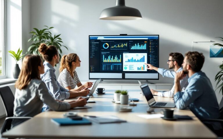 Réunion de direction commerciale dans une PME, équipe réunie autour d’une table et consultant des tableaux de bord et graphiques de ventes sur des écrans pour discuter d’analyse stratégique.