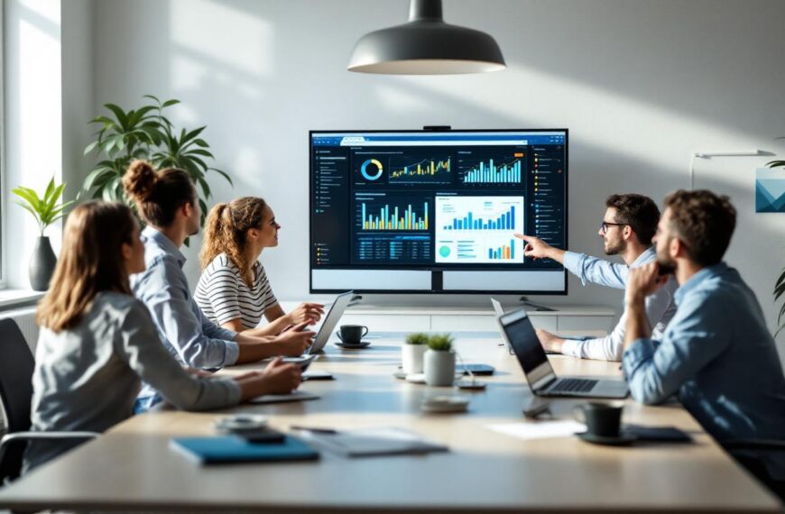 Réunion de direction commerciale dans une PME, équipe réunie autour d’une table et consultant des tableaux de bord et graphiques de ventes sur des écrans pour discuter d’analyse stratégique.