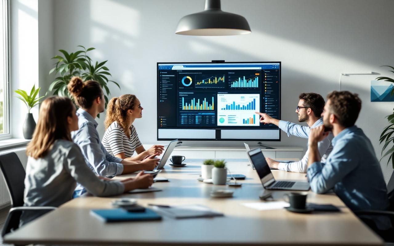 Réunion de direction commerciale dans une PME, équipe réunie autour d’une table et consultant des tableaux de bord et graphiques de ventes sur des écrans pour discuter d’analyse stratégique.