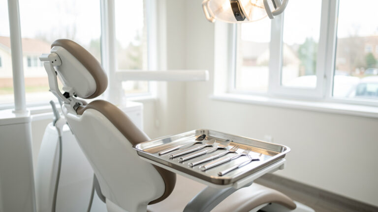 Cabinet dentaire moderne et lumineux, chaise de consultation préparée avec des instruments propres sur un plateau inox, ambiance professionnelle accueillante.