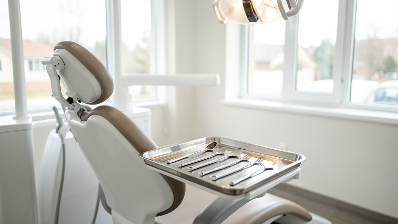Cabinet dentaire moderne et lumineux, chaise de consultation préparée avec des instruments propres sur un plateau inox, ambiance professionnelle accueillante.