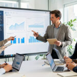 Alignement marketing ventes : les étapes clés pour générer plus d’opportunités Deux équipes marketing et ventes se réunissent en entreprise moderne devant un grand tableau de bord, avec une femme en train de présenter des analyses pendant que l’équipe prend des notes.